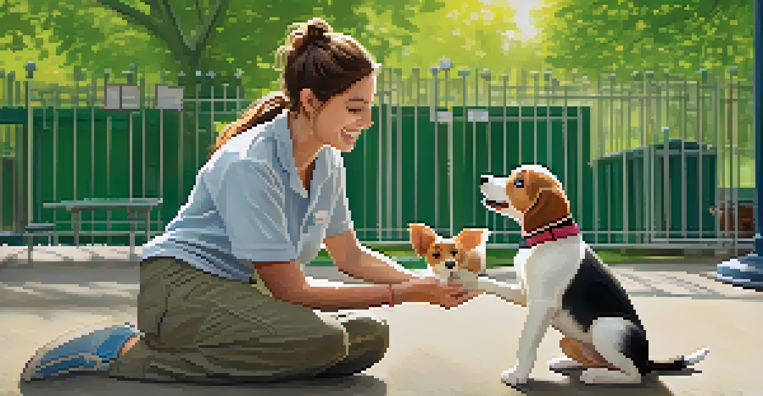 A volunteer playing with a happy puppy in a sunny park, showcasing a bond between humans and animals.