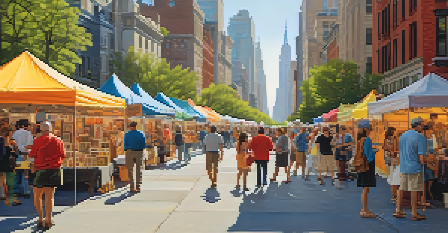 A lively New York City art fair with colorful tents, artworks, and enthusiastic visitors, set against the iconic skyline.