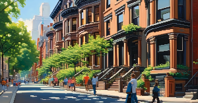 A lively street view of historic brownstone buildings in New York City, filled with greenery and sunlight, depicting a warm afternoon scene.