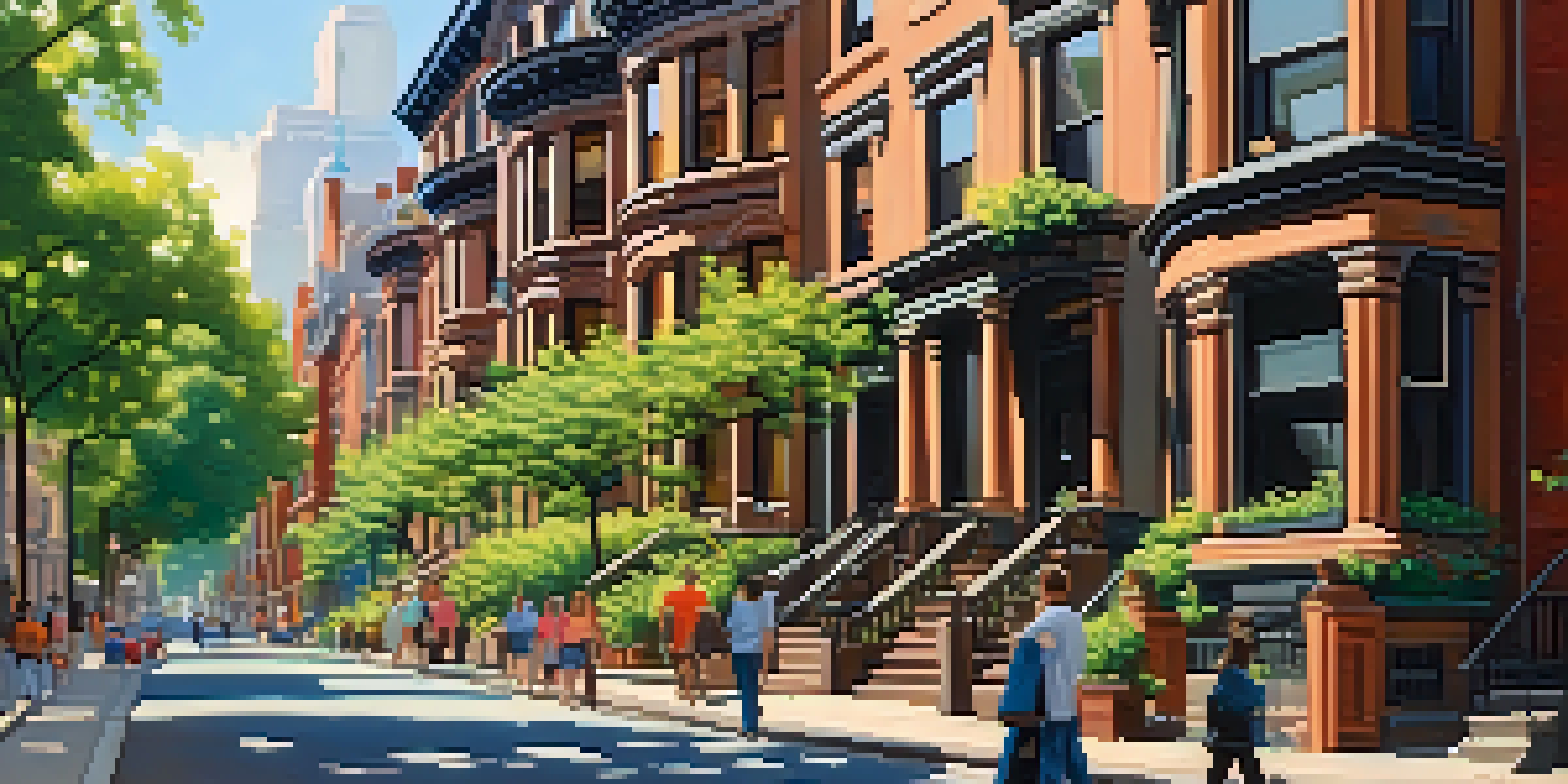 A lively street view of historic brownstone buildings in New York City, filled with greenery and sunlight, depicting a warm afternoon scene.