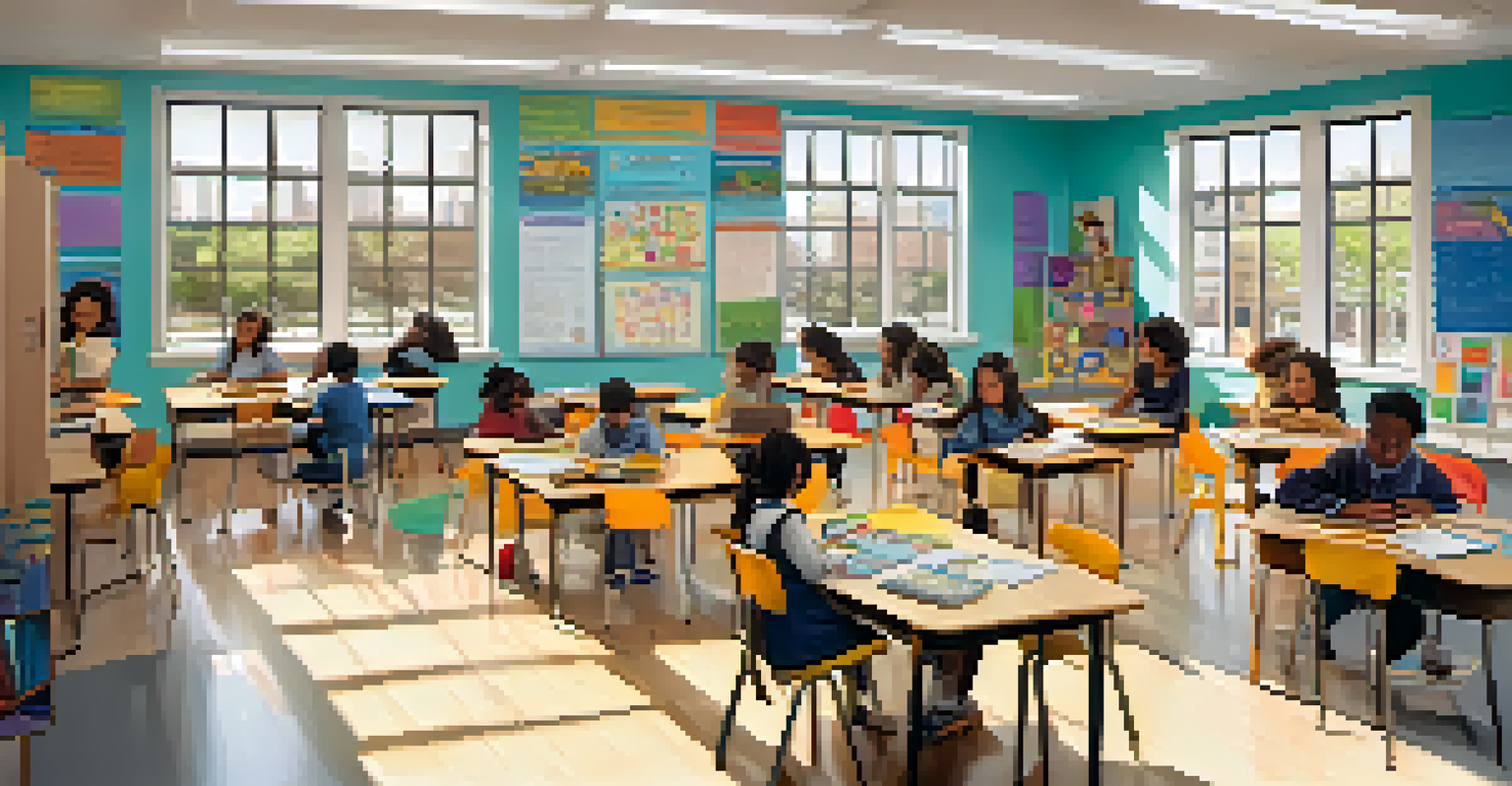 A modern, well-resourced classroom in New York City with engaged students collaborating on a project, bright colors, and ample natural light.
