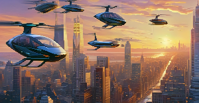 A vibrant sunset over New York City with flying taxis in the sky, contrasting with ground traffic.