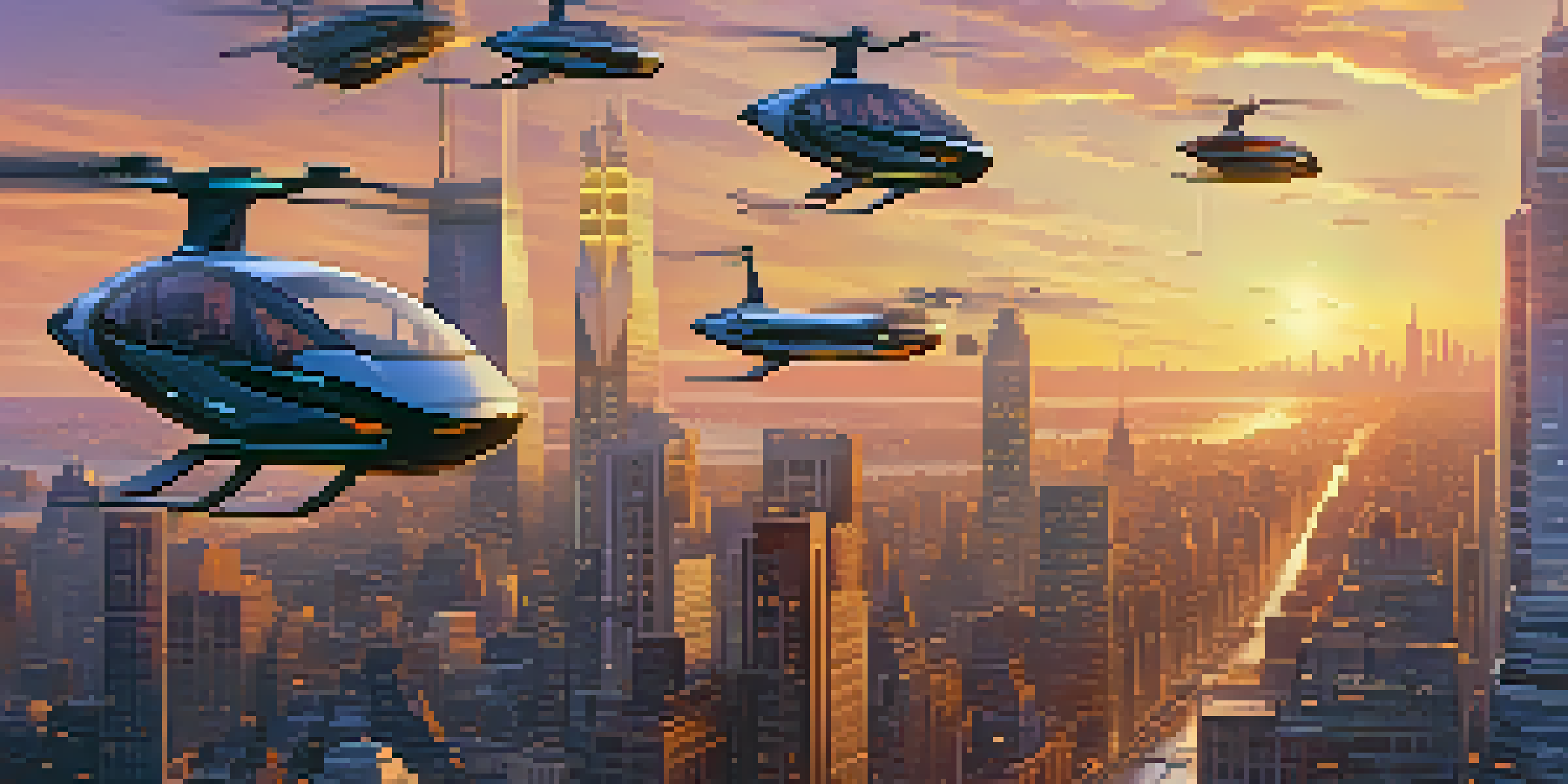 A vibrant sunset over New York City with flying taxis in the sky, contrasting with ground traffic.