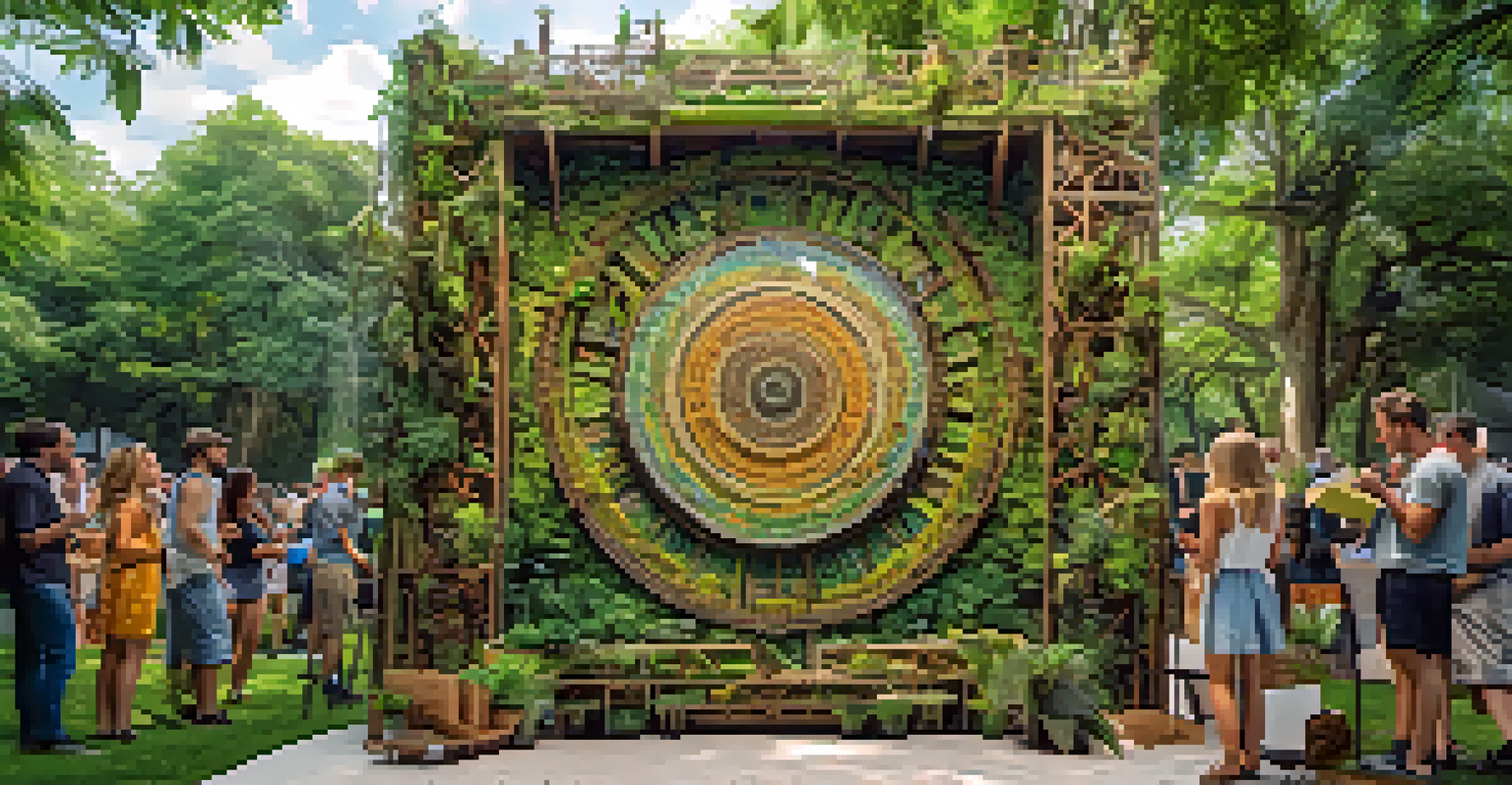 An outdoor art installation made from recycled materials surrounded by greenery, showcasing creativity and sustainability.