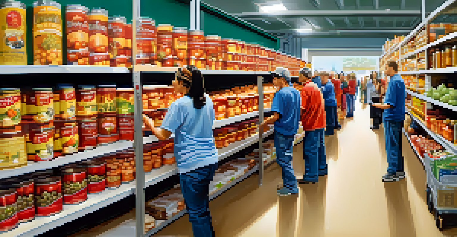 Volunteers sorting and distributing food inside a local food bank, surrounded by shelves of food items.