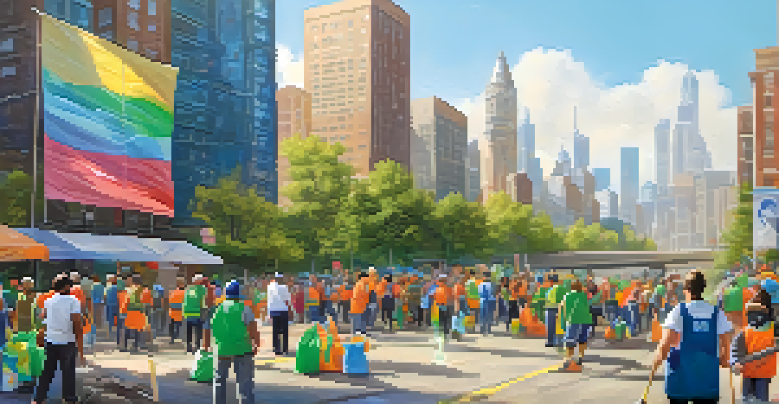 Volunteers participating in a community clean-up event in an urban setting, picking up litter with a city skyline in the background.