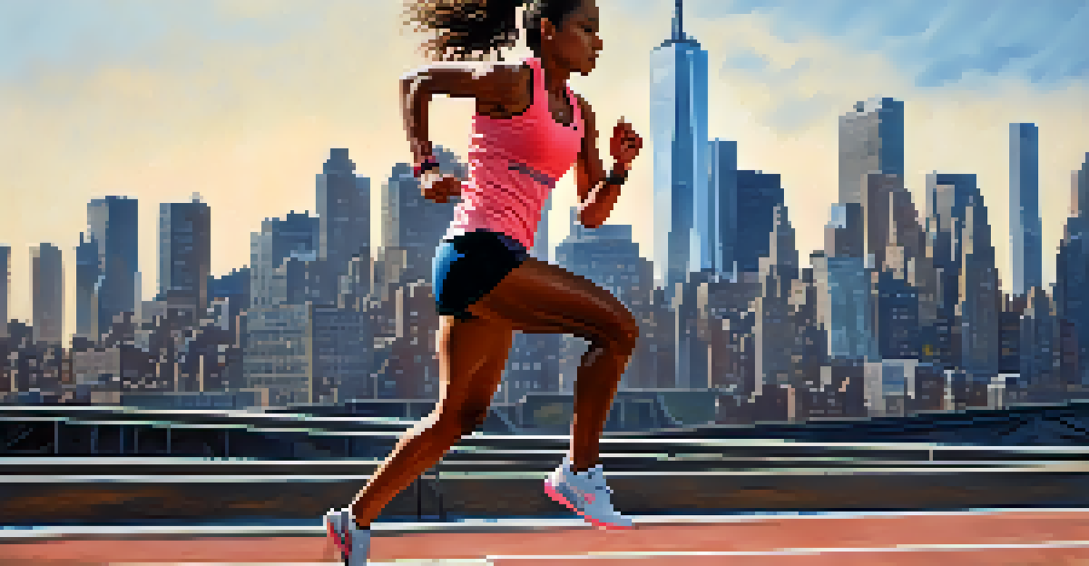 A female runner in mid-stride on an urban track with the NYC skyline in the background, showcasing strength and determination.