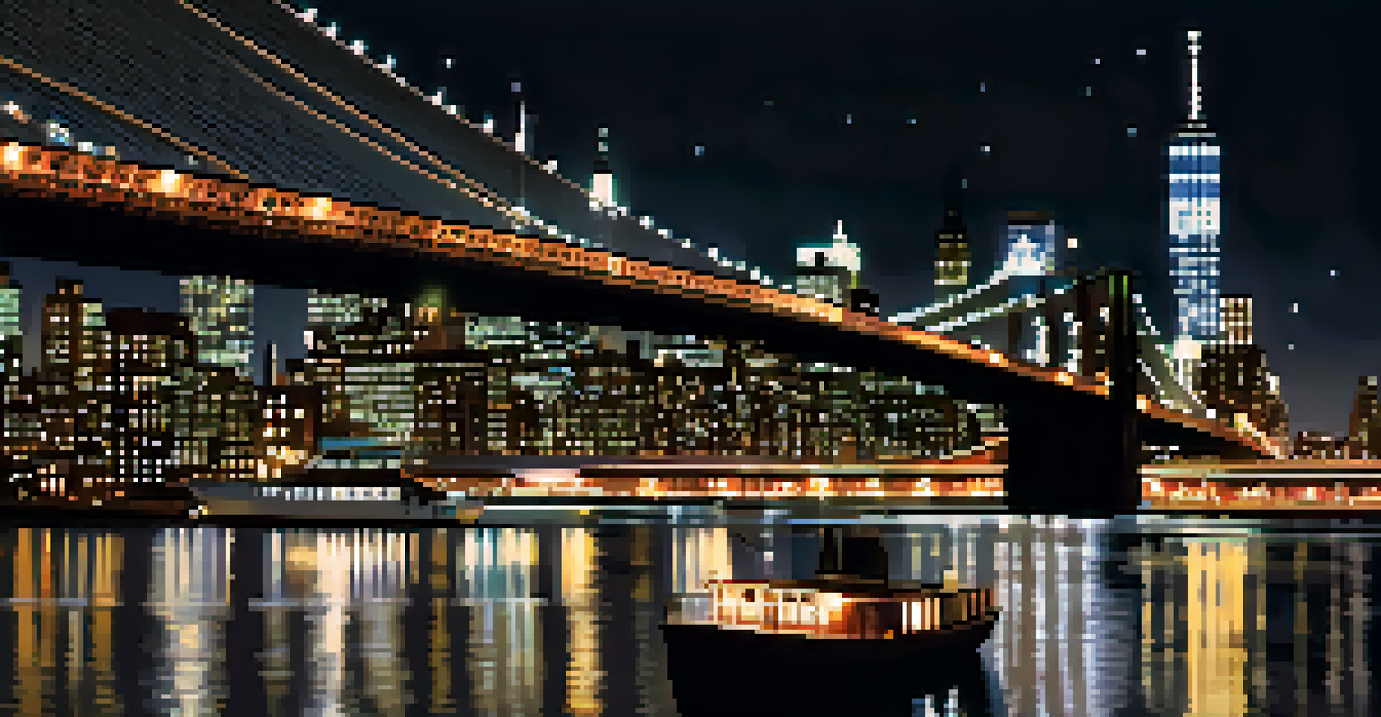 The Brooklyn Bridge illuminated at night with the Manhattan skyline in the background, showcasing the architectural beauty and vibrant city lights.