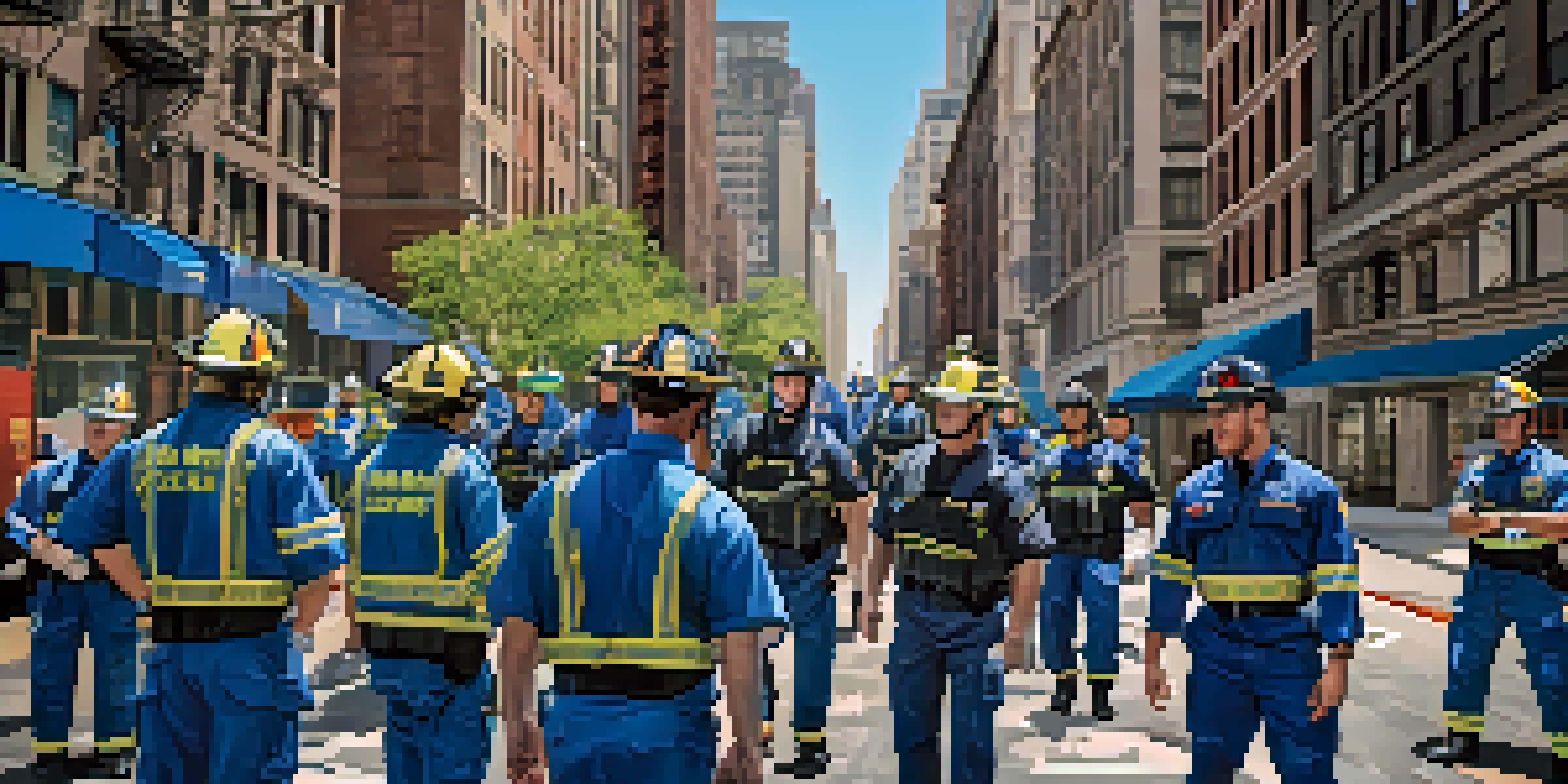 A group of crisis responders in New York City participating in a training session, practicing emergency response techniques with urban buildings in the background.