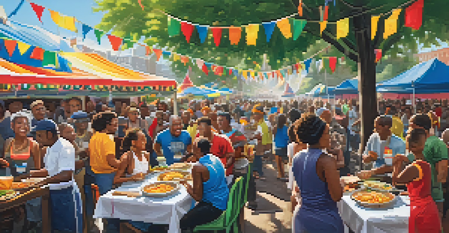 A lively cultural festival in NYC showcasing traditional dishes like jerk chicken and dumplings, with people enjoying food together.