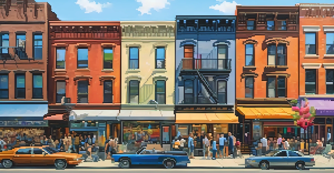 A lively street in the Lower East Side of New York City, with historic buildings and vibrant street art, filled with diverse people and outdoor cafes bathed in warm sunlight.