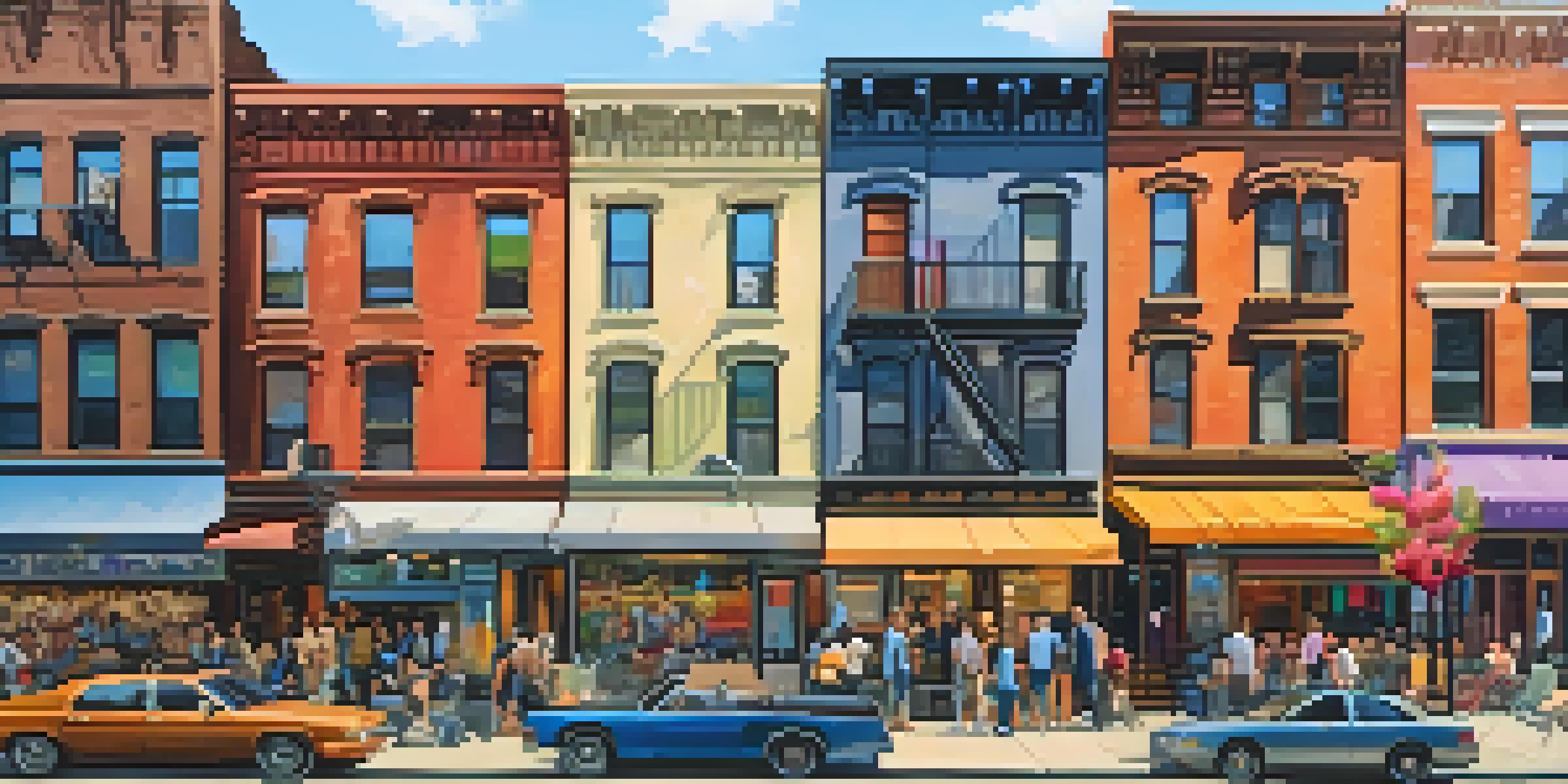 A lively street in the Lower East Side of New York City, with historic buildings and vibrant street art, filled with diverse people and outdoor cafes bathed in warm sunlight.