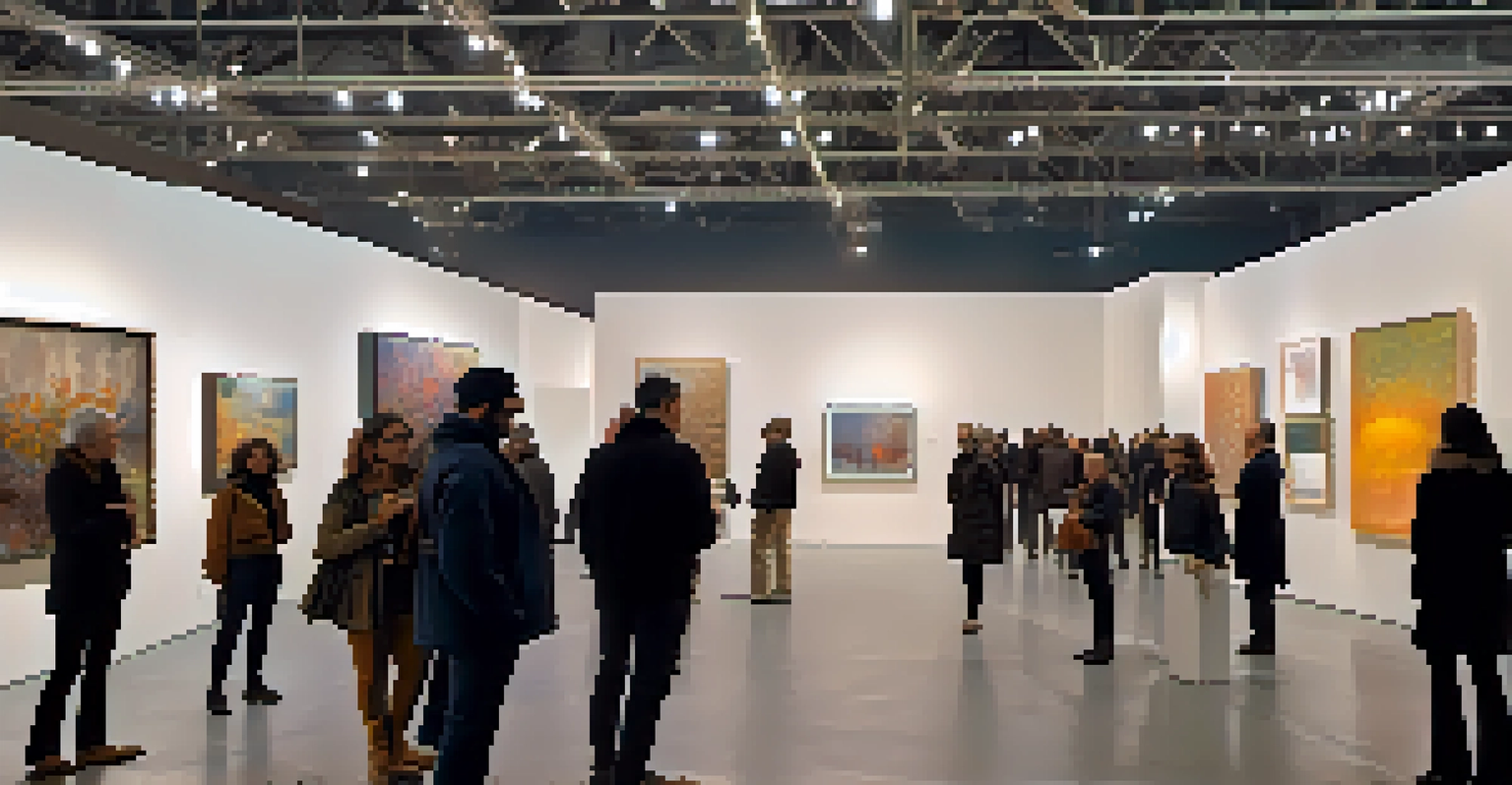 An indoor view of an art installation at the Armory Show, with visitors admiring contemporary artworks under soft lighting.
