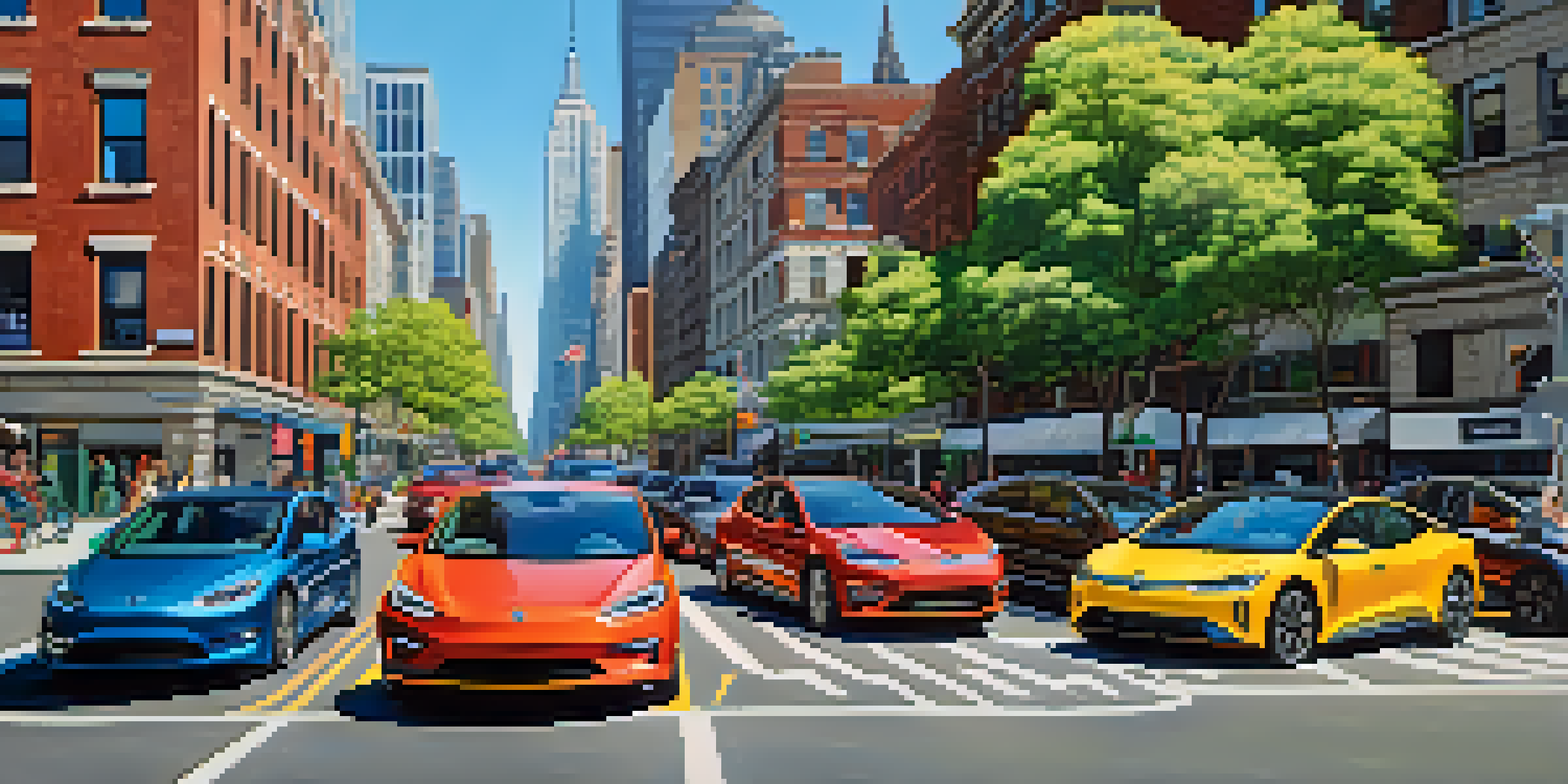 A busy street in New York City with electric vehicles and pedestrians under a clear blue sky.