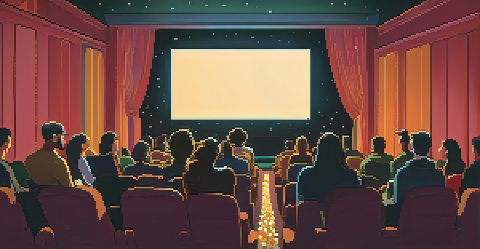 An audience in a cozy theater watching an indie film at a film festival, with a vibrant projection on the screen and warm lighting.