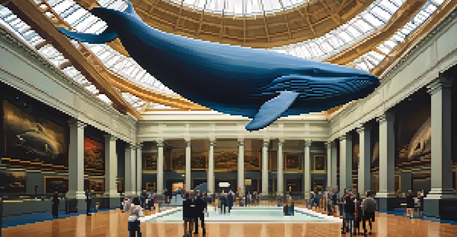 The Milstein Hall of Ocean Life at the American Museum of Natural History with a giant blue whale hanging from the ceiling.