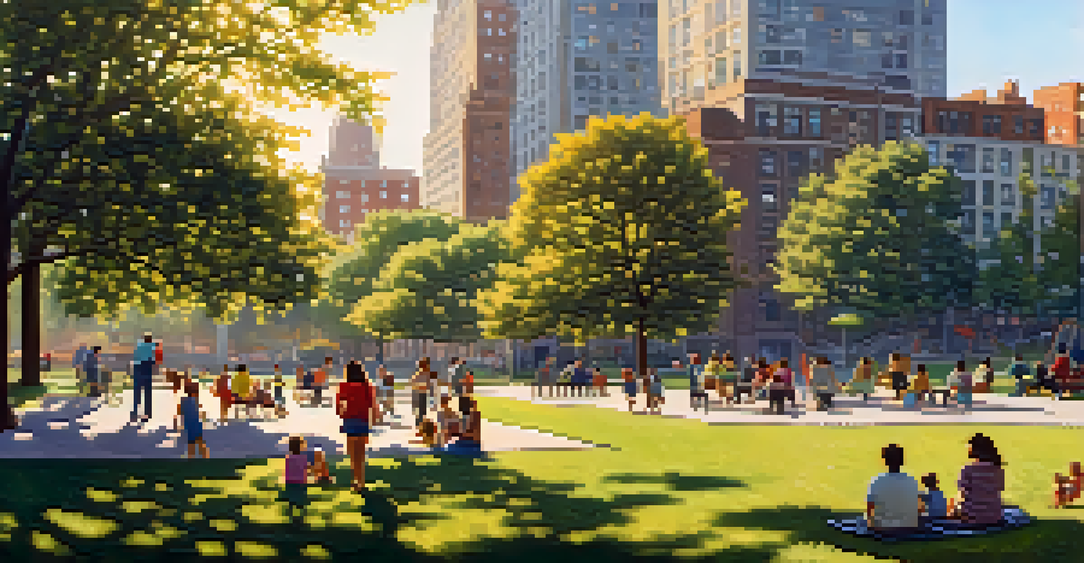 Parents watching their children play in a park in New York City, with tall buildings and greenery in the background, showcasing the importance of community and family time.