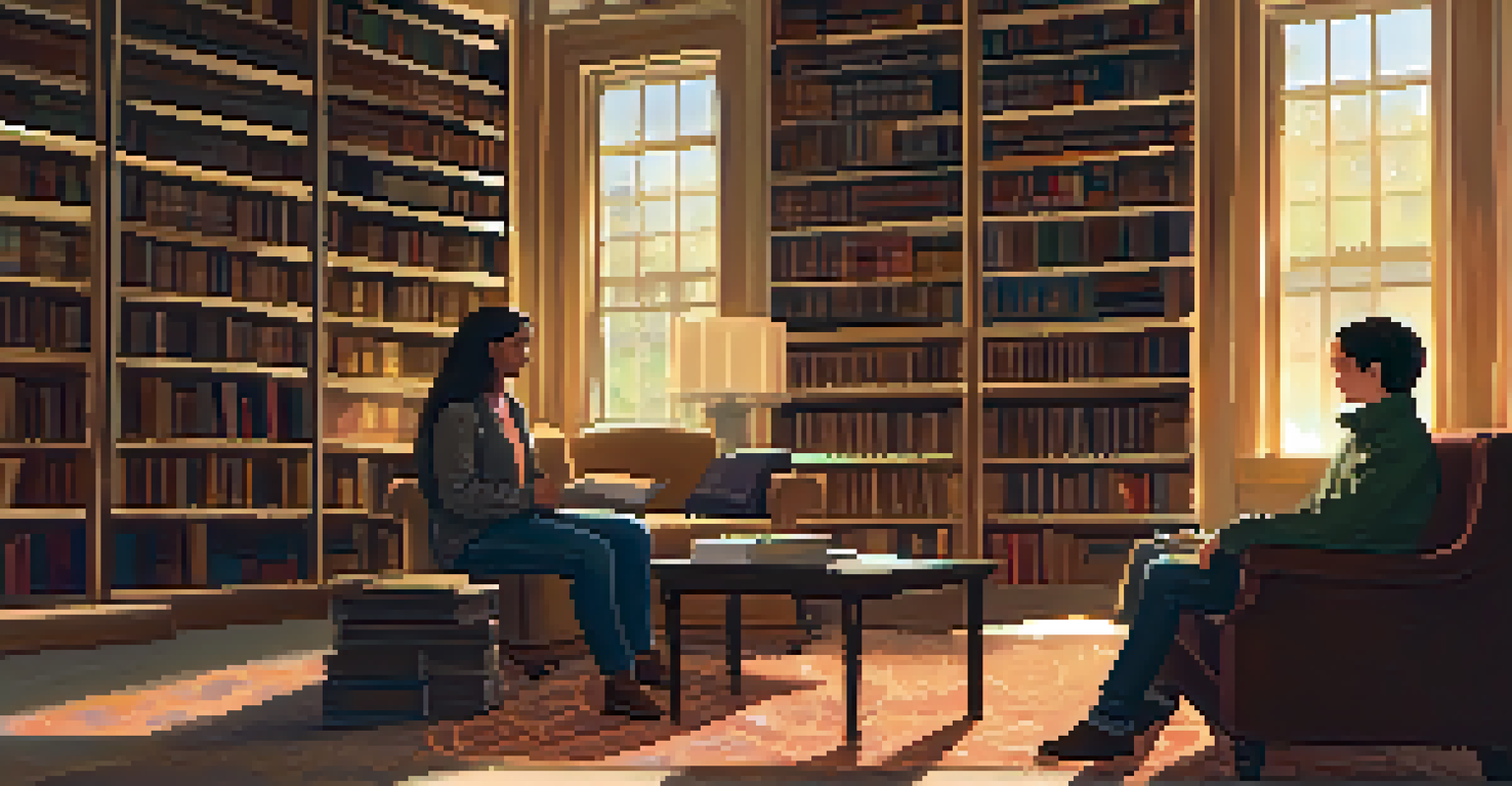 A young person and a mentor discussing in a cozy library filled with books, illuminated by soft lighting.