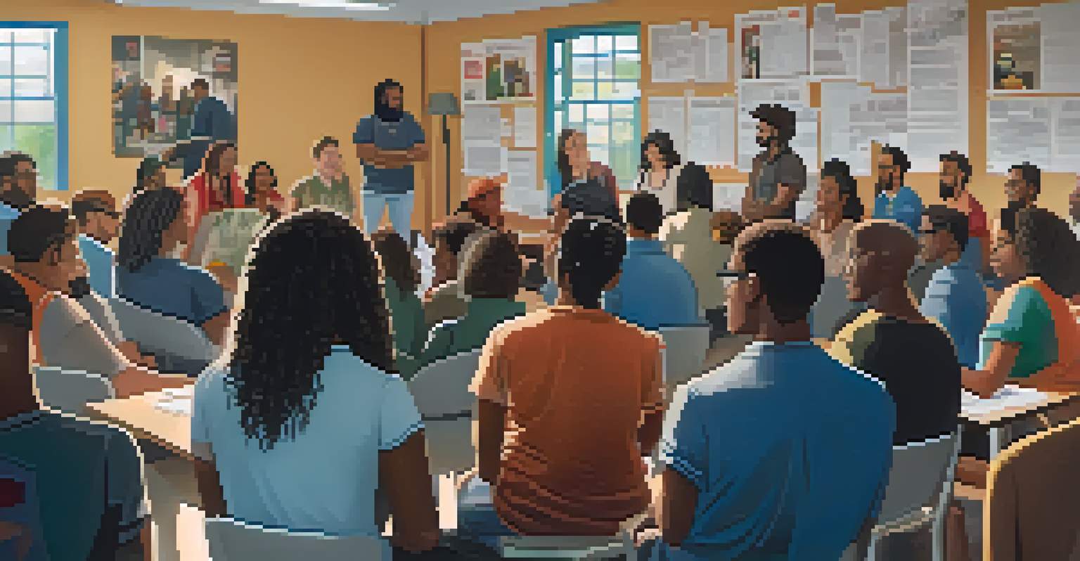 A diverse group of gig workers in a meeting, discussing rights and protections in a room filled with advocacy posters.