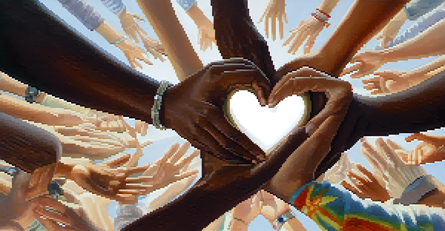 Close-up of diverse hands holding a heart-shaped symbol, symbolizing unity in philanthropy.