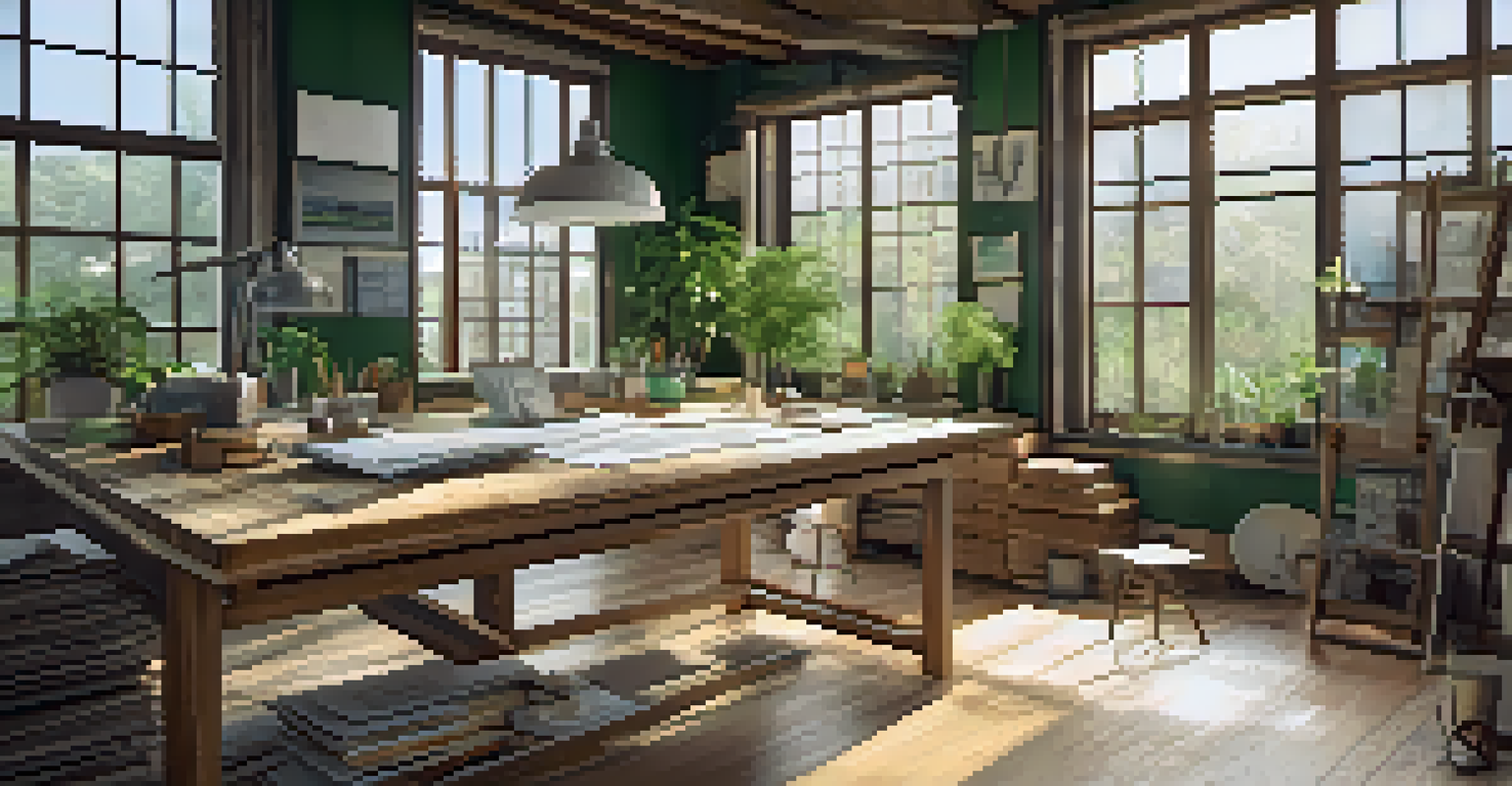 An architect's workspace with blueprints of a green building design and eco-friendly materials displayed on a table, with sunlight streaming in.