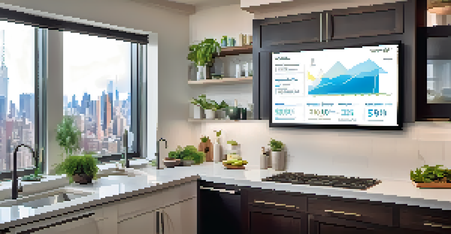 Close-up of a smart water management system showing real-time statistics in a NYC apartment kitchen.