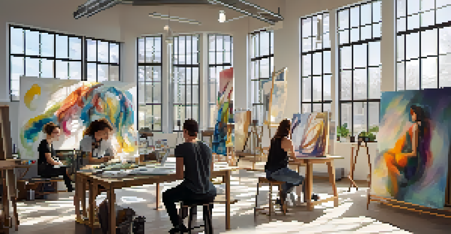 Interior view of an art school studio with students creating digital art, painting, and sculpting, surrounded by colorful student artwork.