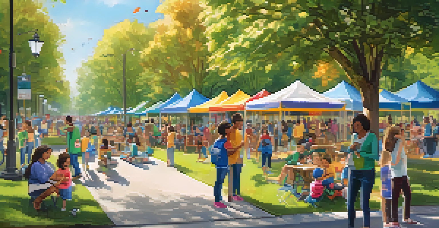 Families and children participating in educational activities at a community event in a park with colorful booths and sunny weather.