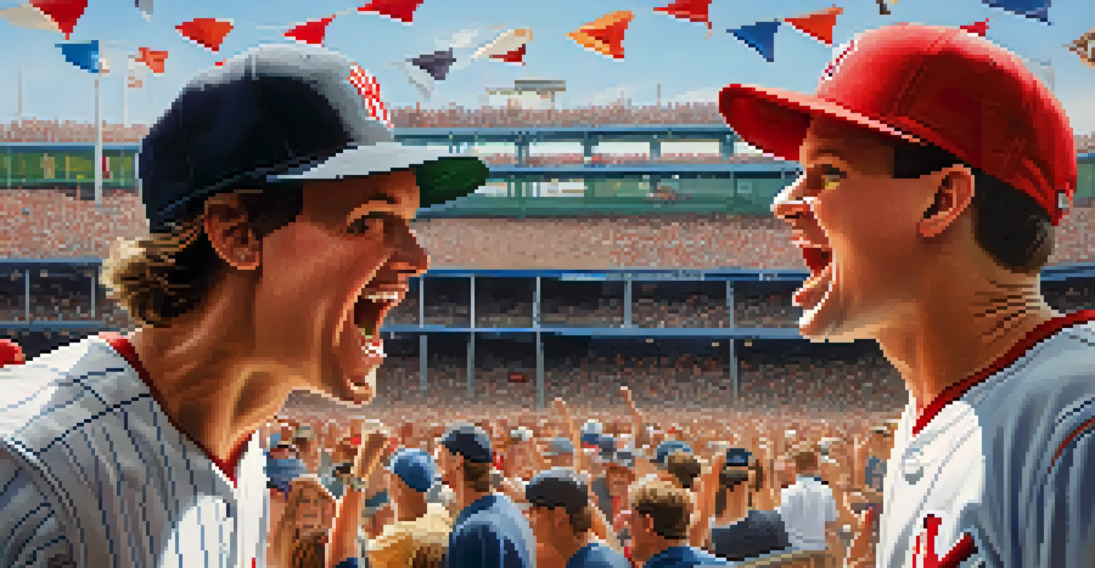 Two rival sports fans, one in a Yankees cap and the other in a Red Sox cap, playfully arguing outside a stadium, surrounded by excited fans.