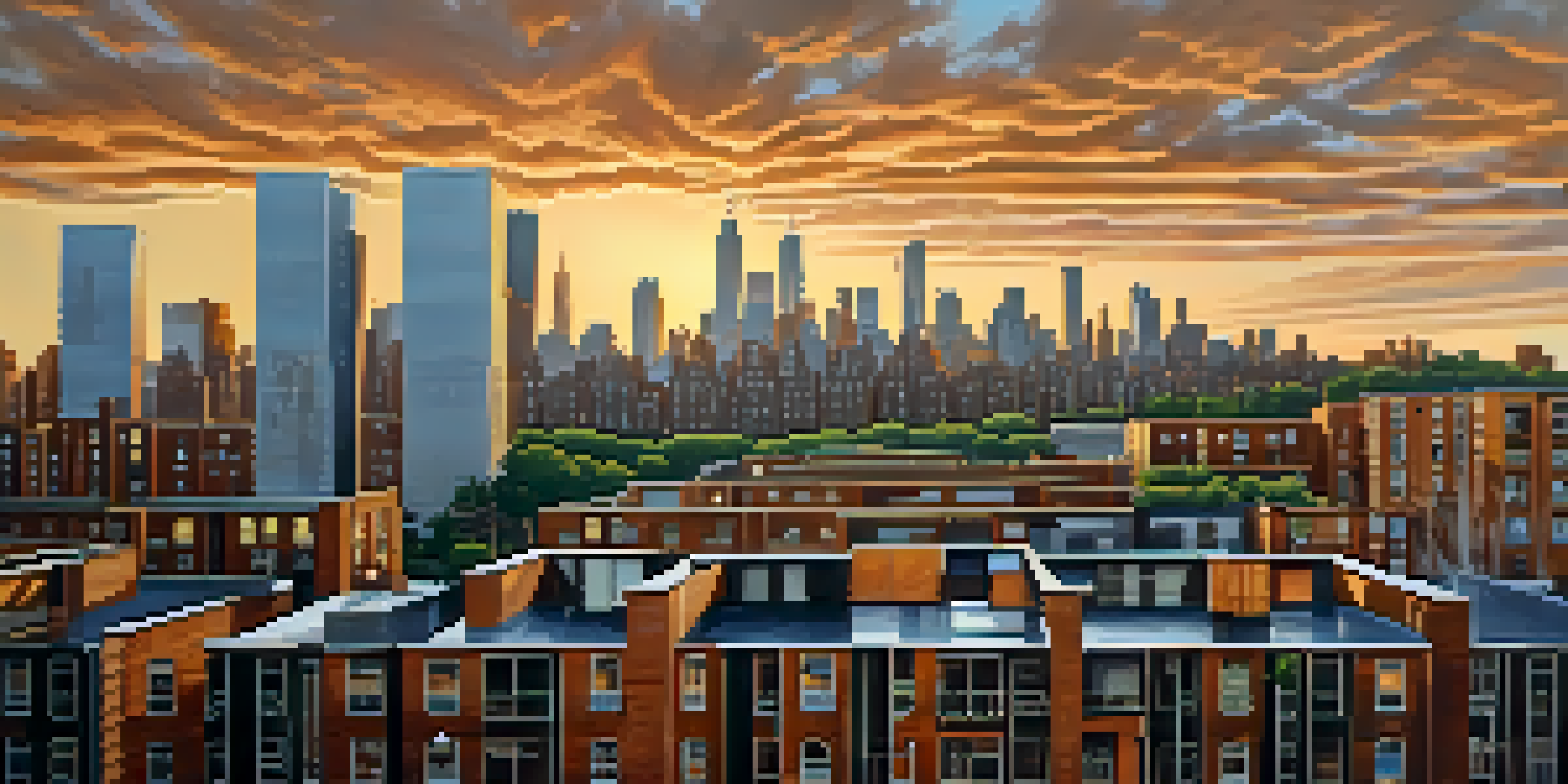 A panoramic view of New York City highlighting the contrast between a luxury high-rise and public housing, with warm sunset lighting.
