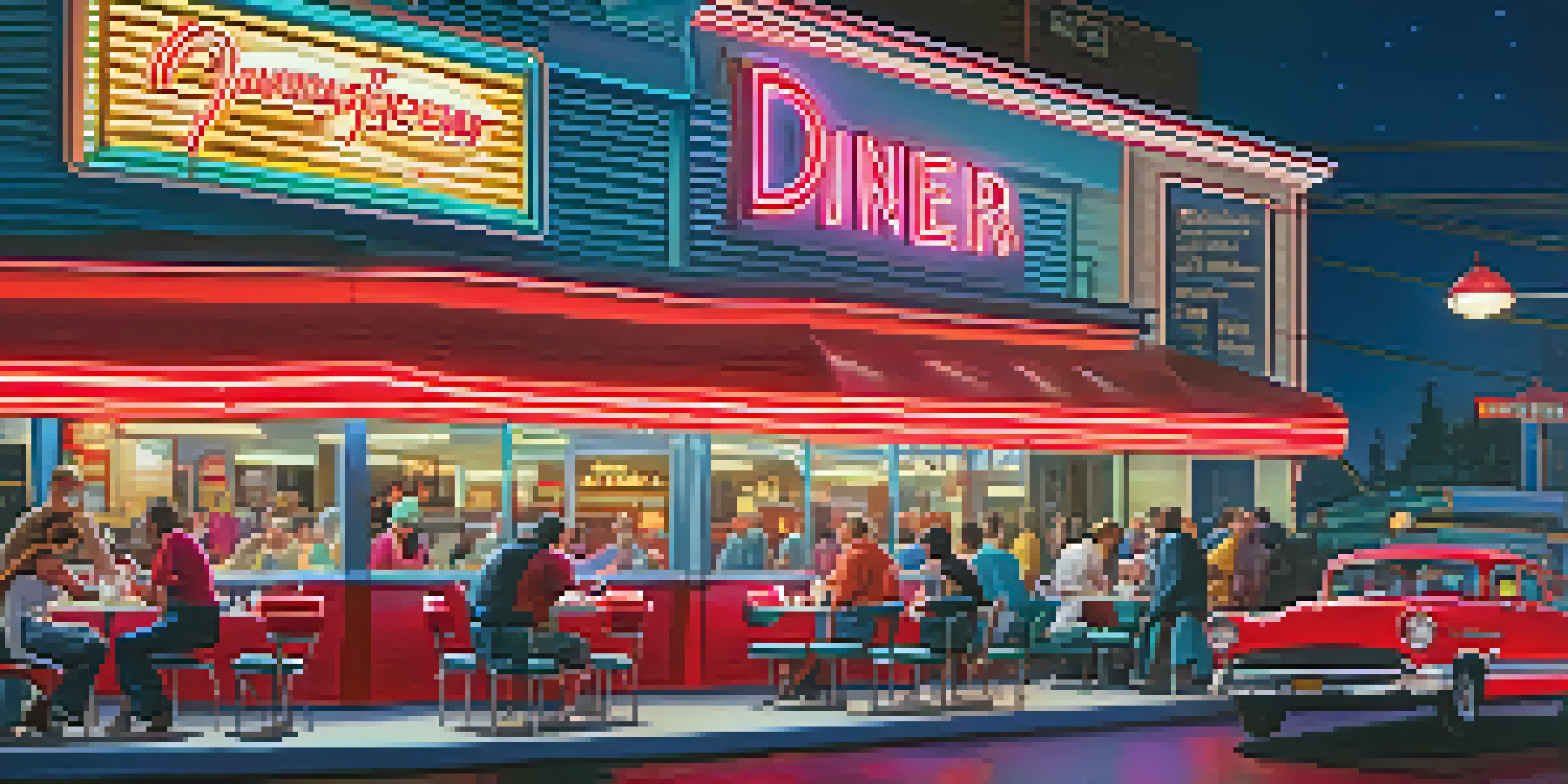 A vibrant diner scene at night with people enjoying meals, illuminated by neon lights.