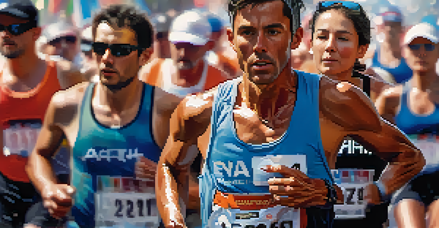 A close-up of a determined marathon runner amidst supportive volunteers and cheering crowds.