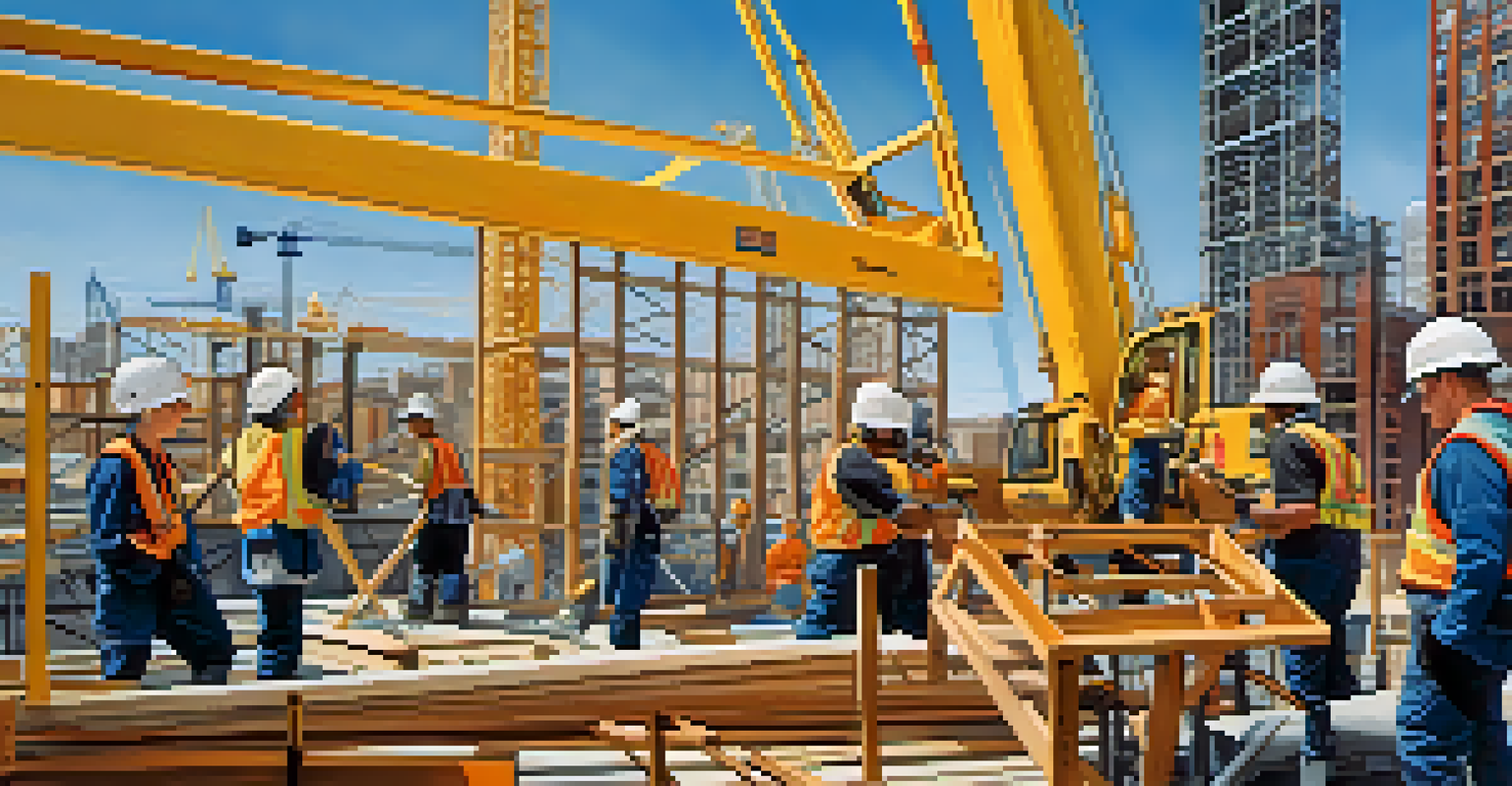 Construction workers in safety gear at a New York City site, installing sustainable materials with scaffolding and cranes in the background.
