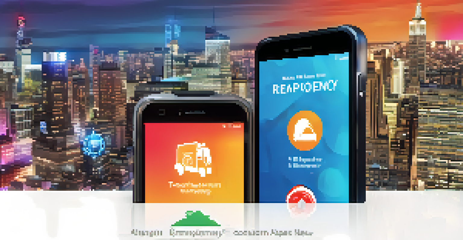 Close-up of a smartphone showing an emergency response app against a blurred NYC cityscape.