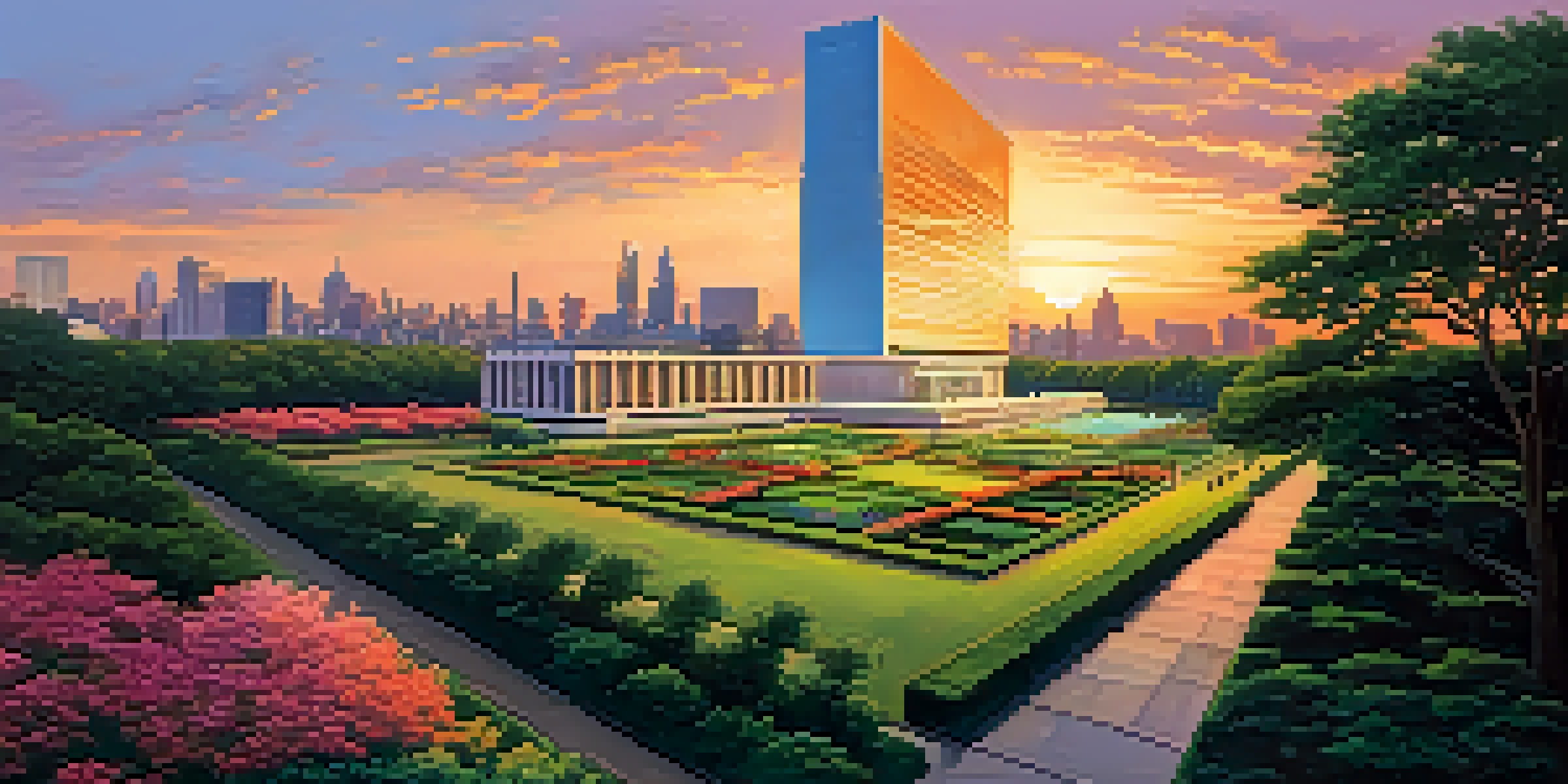 A sunset view of the United Nations Headquarters with the Secretariat building and General Assembly Hall, showcasing a colorful sky and greenery.