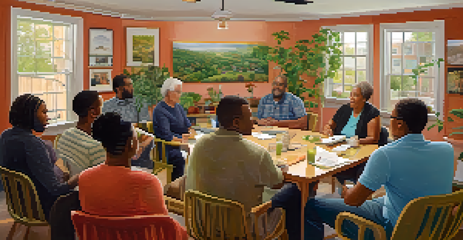 A diverse group of residents engaged in a community meeting about preserving their neighborhood, surrounded by plants and artwork.