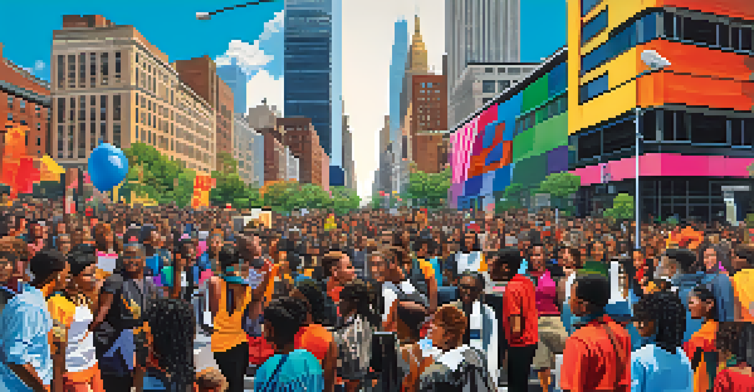 A digital collage of youth-led organizations in NYC, featuring young leaders at protests and educational events, with vibrant graphics representing their causes.