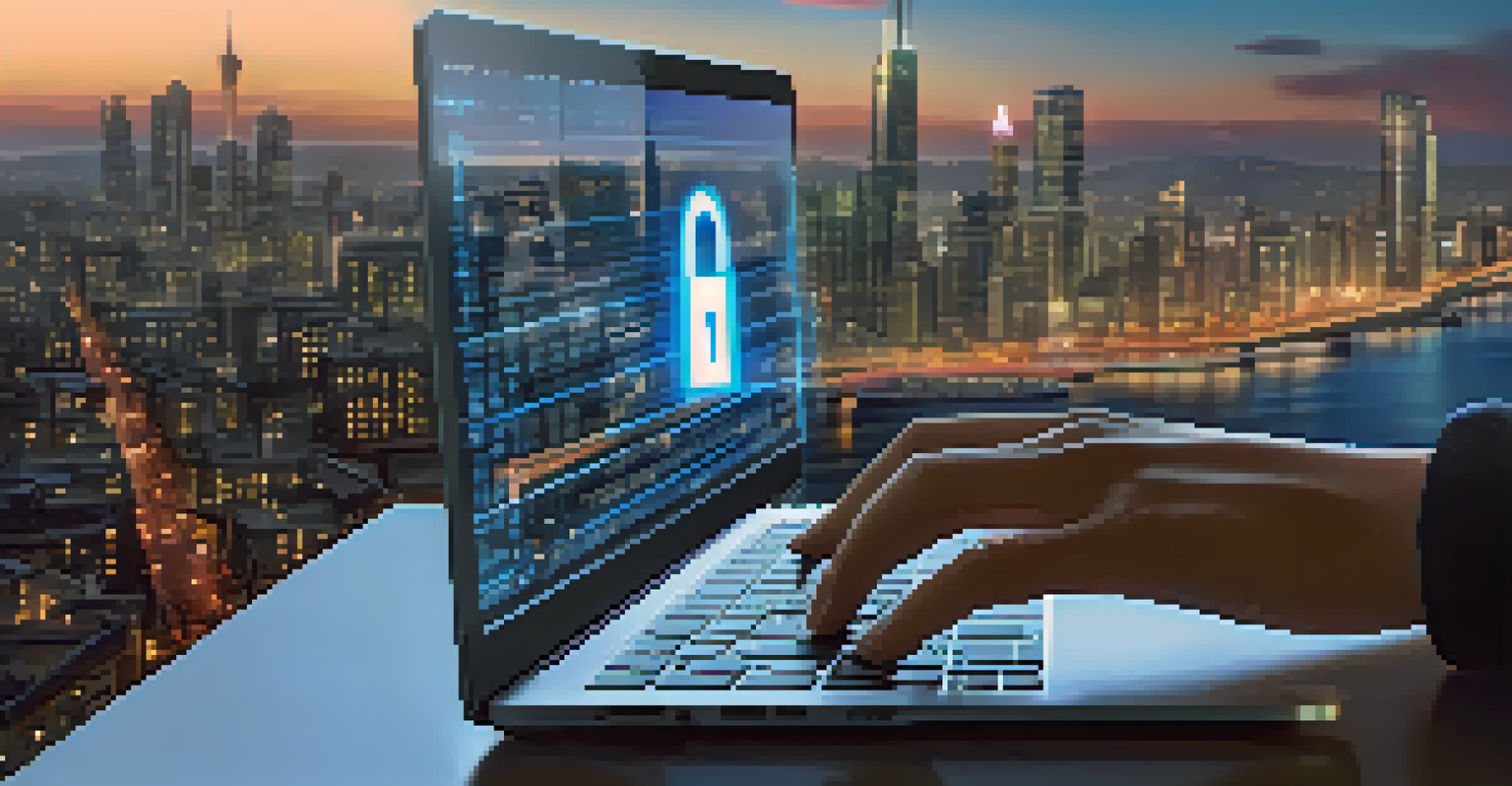A hand over a laptop keyboard with a glowing digital lock symbol on the screen, set against a blurred city backdrop.