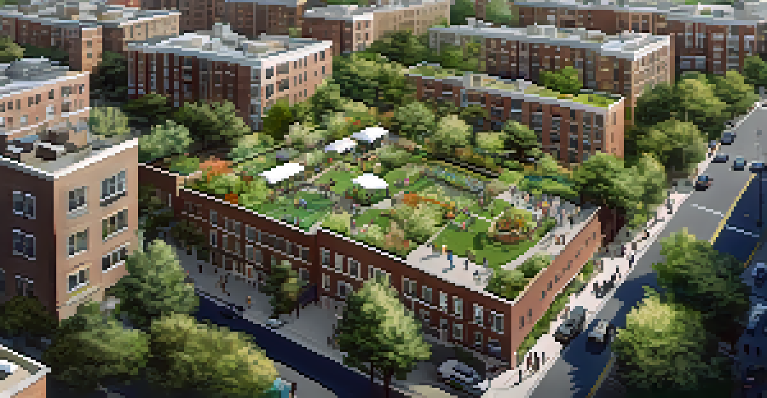 Aerial view of a community land trust in New York City, displaying affordable housing, gardens, and people engaging in outdoor activities.