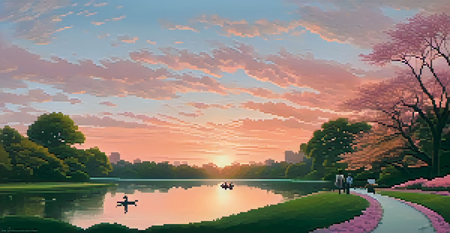 A peaceful sunset view over Central Park, with a lake reflecting the colorful sky and people walking along a path.