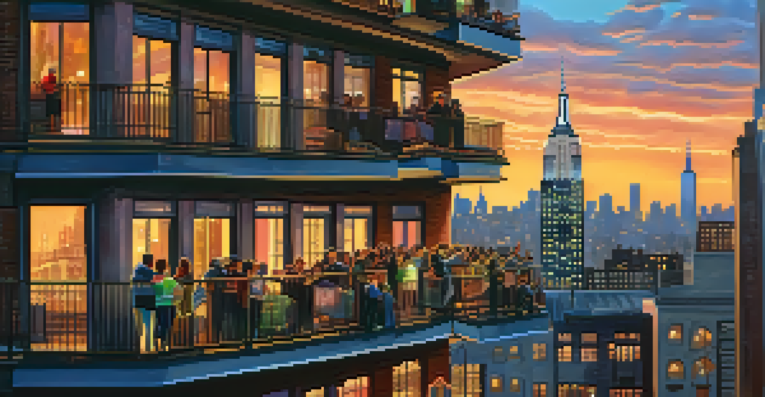 New Yorkers applauding from their balconies at sunset, with a vibrant skyline and colorful lights symbolizing unity and gratitude during the pandemic.