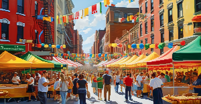 A lively street filled with people celebrating the Feast of San Gennaro, with colorful Italian decorations and food stalls offering traditional dishes.