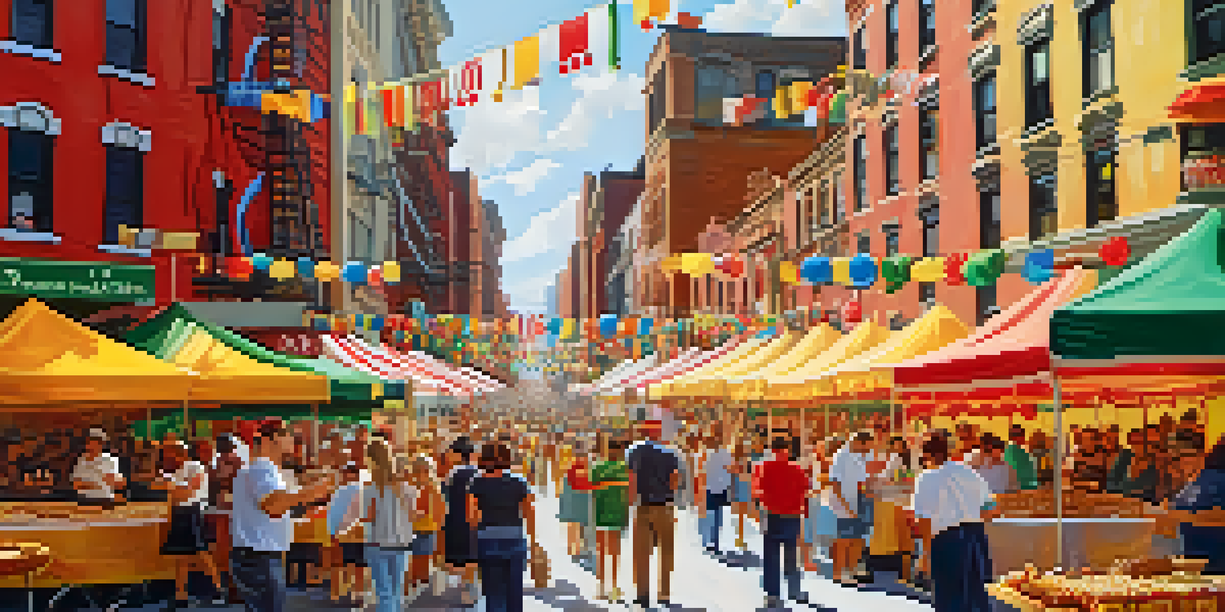 A lively street filled with people celebrating the Feast of San Gennaro, with colorful Italian decorations and food stalls offering traditional dishes.