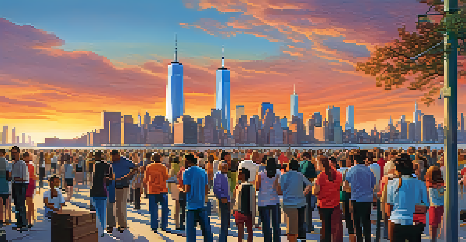 A community gathering in NYC at sunset, where residents are participating in a disaster preparedness drill.