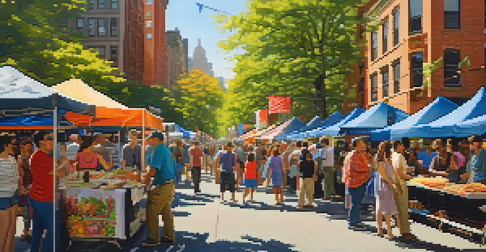A lively street fair in NYC showcasing people enjoying food and crafts, with colorful banners and warm sunlight.