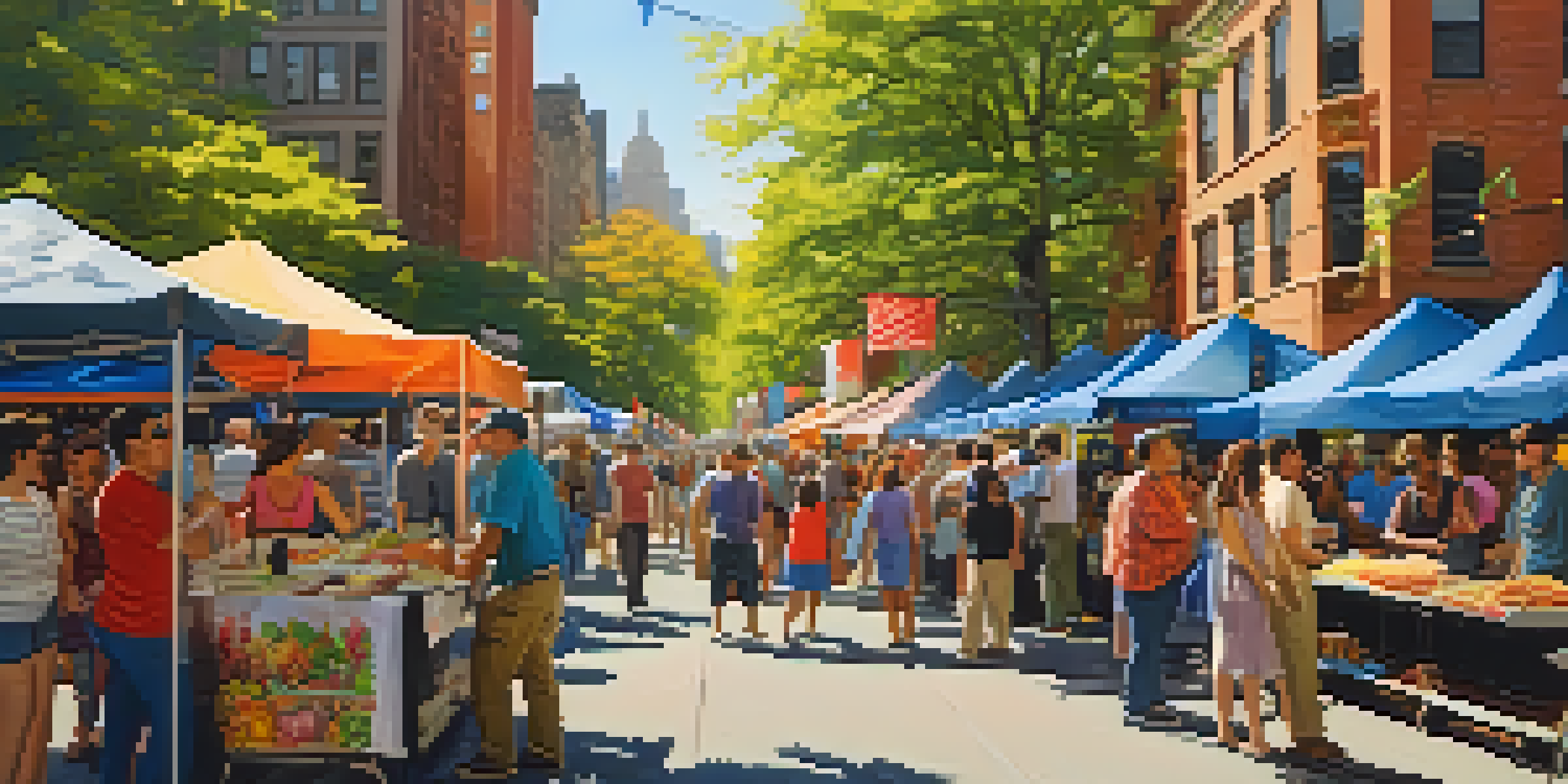 A lively street fair in NYC showcasing people enjoying food and crafts, with colorful banners and warm sunlight.