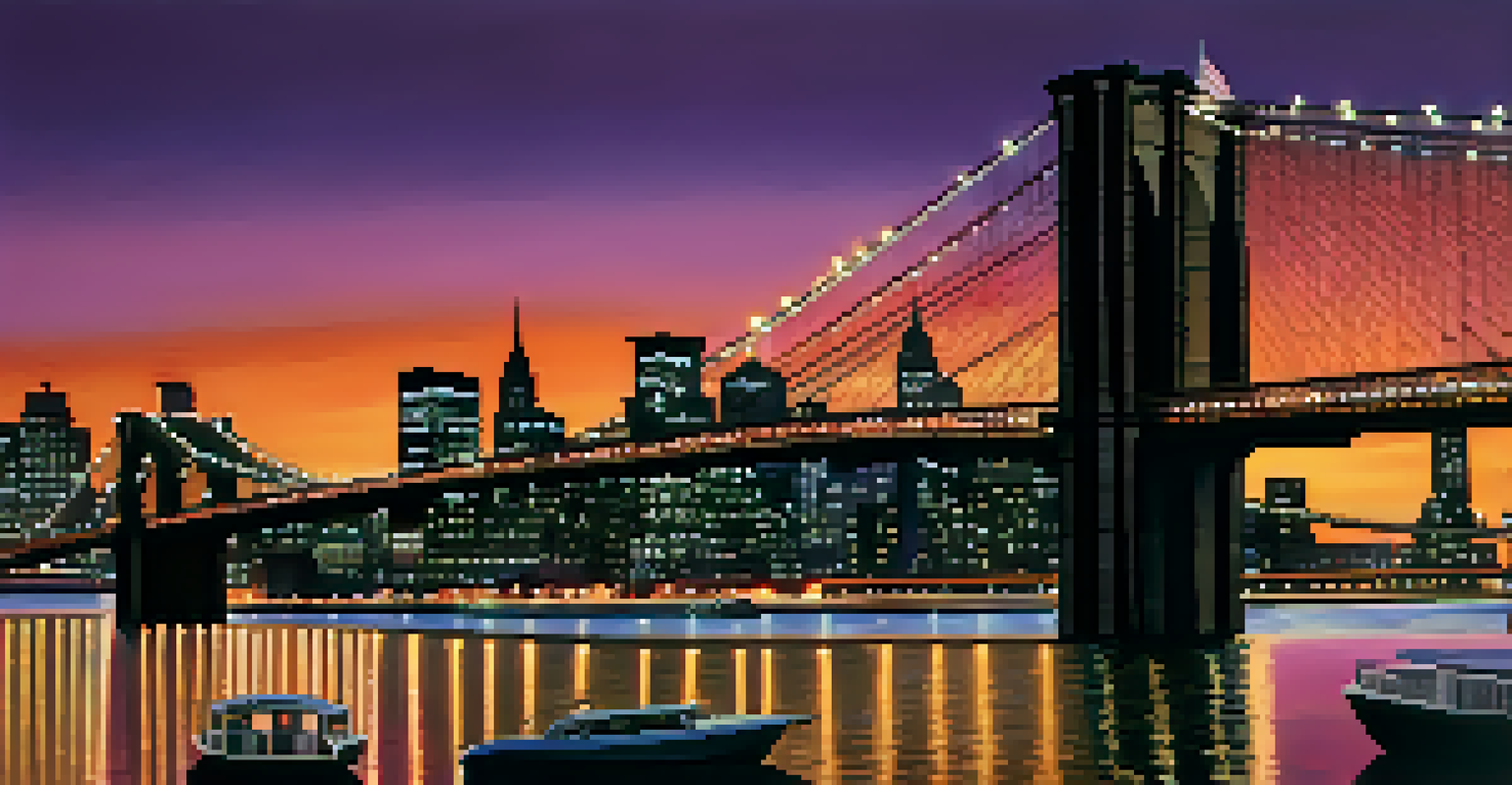 A dramatic sunset view of the Brooklyn Bridge, with its silhouette against a colorful sky and reflections in the water.
