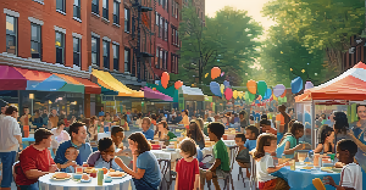 A lively block party in NYC with residents enjoying food, games, and conversations, surrounded by colorful decorations and soft evening lights.