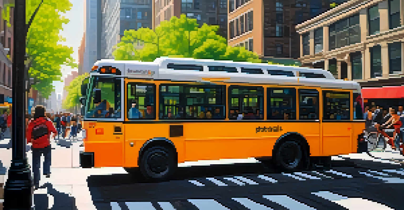 A modern electric bus on a busy New York City street with pedestrians and cyclists, highlighting sustainability and urban life.
