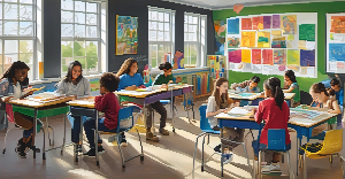 A diverse group of students working together on a project in a colorful classroom filled with educational materials and student artwork.